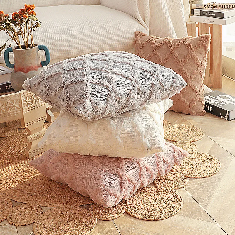 Soft Plush Wool Throw Pillow Covers Luxury Style Cushion Covers European Pillow Shell for Sofa Bedroom Cream Khaki Christmas 2