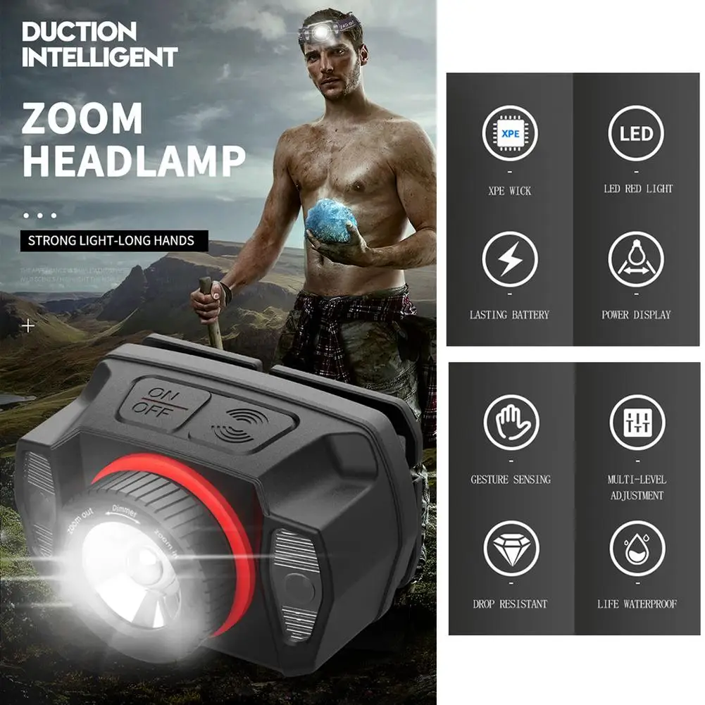

LED Headlight Zoomable Usb Rechargeable Strong Light Induction Head Lamp Head-mounted Flashlight Torch