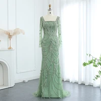 Luxury Dubai Green Mermaid Evening Dress Long Sleeves Square Neckline Arabic Women Wedding Party Dresses 163 1