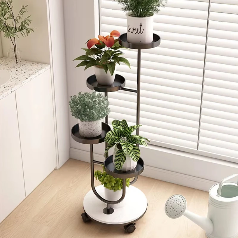 High-End Steel Plant Stand with Rock Slabs Base Multi-Tier Flower Shelf Plant Holder Stylish Succulent Display Rack with Wheels