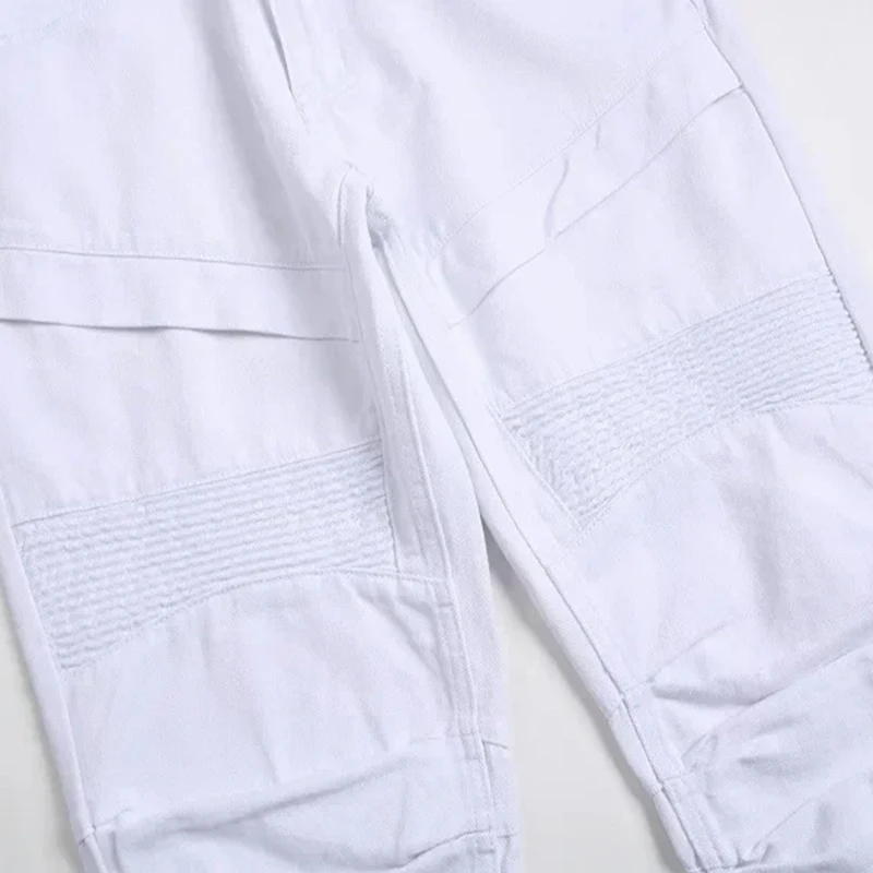 Men's Slim Jeans White Motorcycle Trendy Casual Patchwork Denim Trousers Fashion Tight Folding Male Pants (without Belt) men jeans mens jeans jeans trousers denim trousers