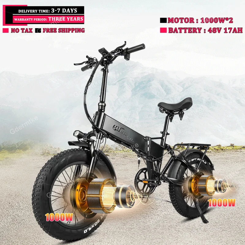 E Bike 2000W Potente Doppio Motore Snow Fold Bicicletta Elettrica 48 V17Ah Batteria Al Litio 20 Pollici 4.0 Fat Tire Mountain Bike Elettrica