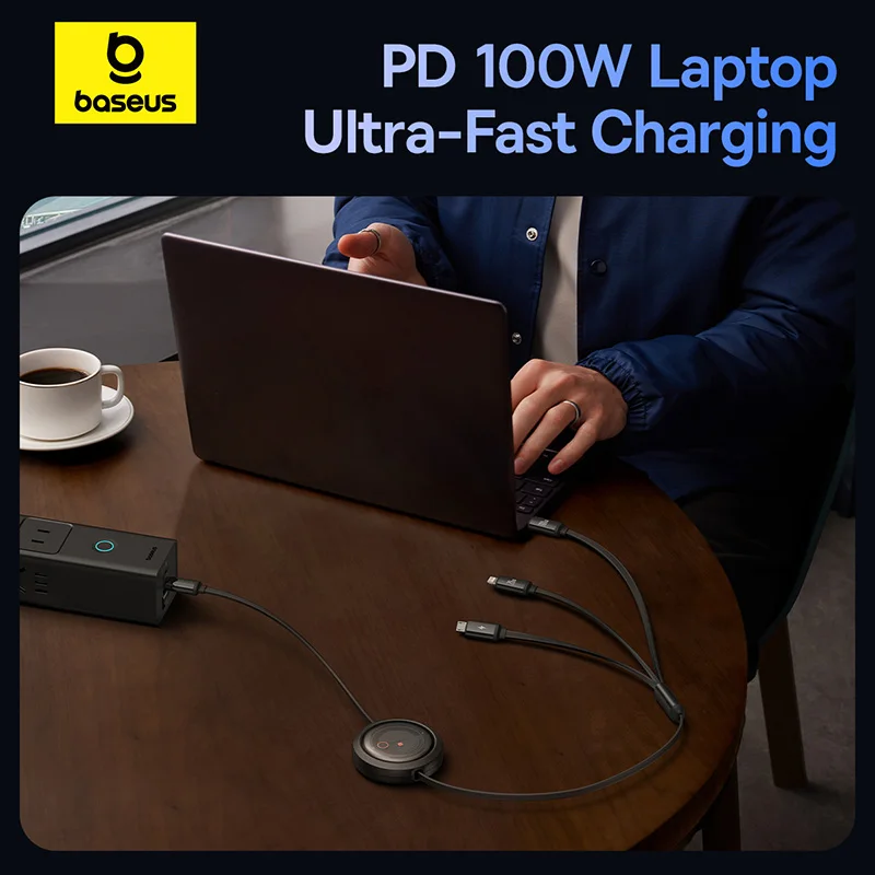 Baseus Retractable 100W 3 in 1 Fast USB Cable for Macbook iPad Portable 3 in 1 Micro Type C Charger Cable For iPhone Samsung