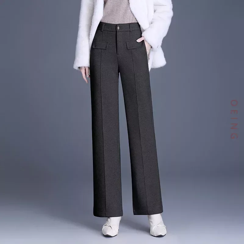 

Women Chic Wool Straight Pants Autumn Winter Elegant High Waist England Style Slim Casual Wide Leg Trousers Office Lady 4XL 2970