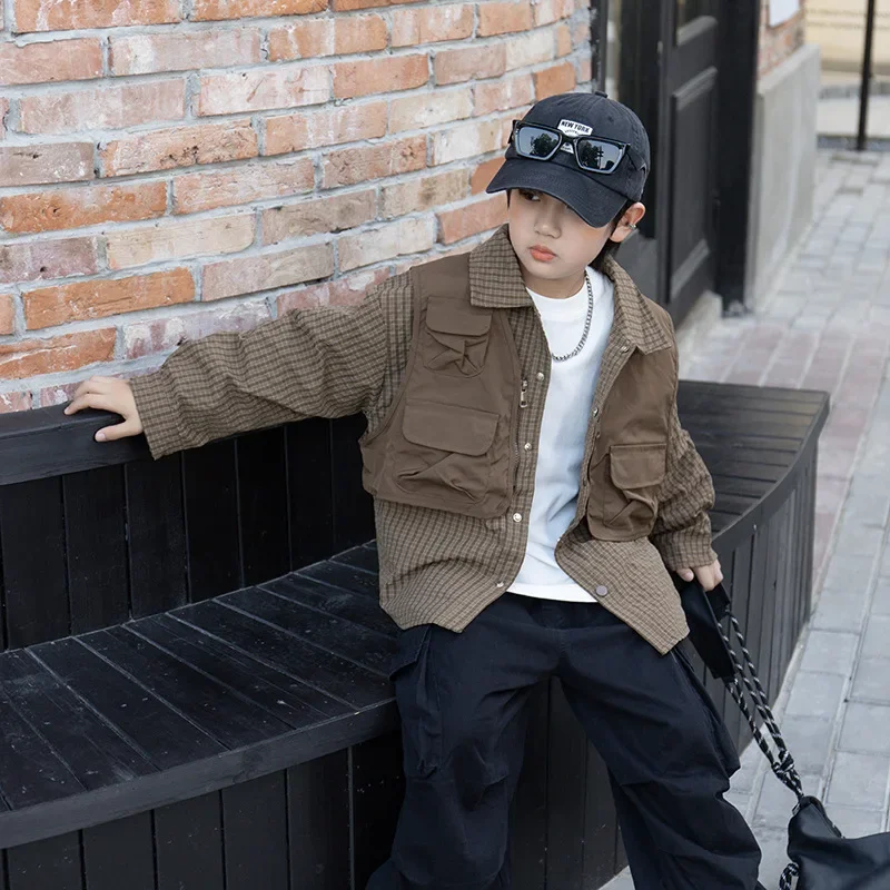 Cool Trendy Boys Long Sleeve Shirt Set Autumn Workwear Vest Two Piece Set Children's Clothing Toddler Kids Boy Fashionable Outfi