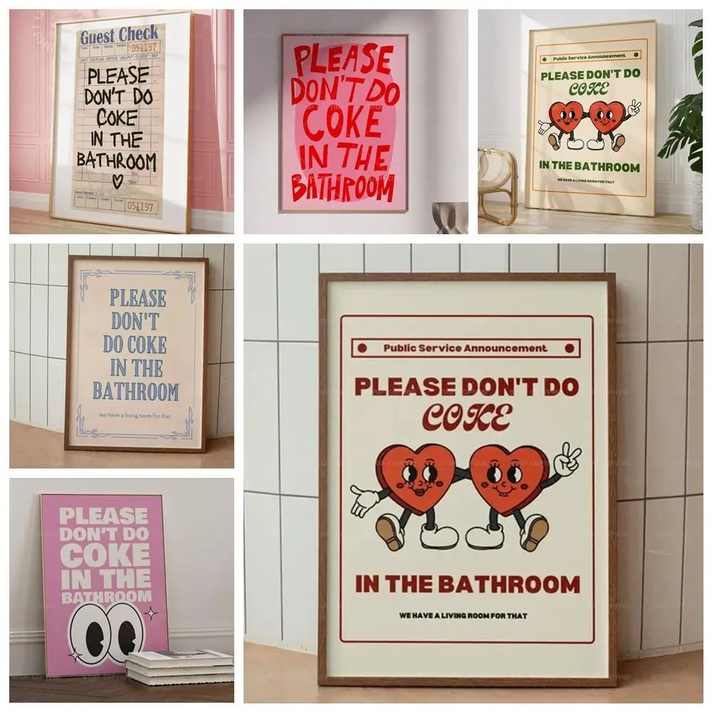 

Retro Please Don't Do Coke In The Bathroom Animated Hearts Beige Groovy Wall Art Canvas Painting Posters Living Room Home Decor