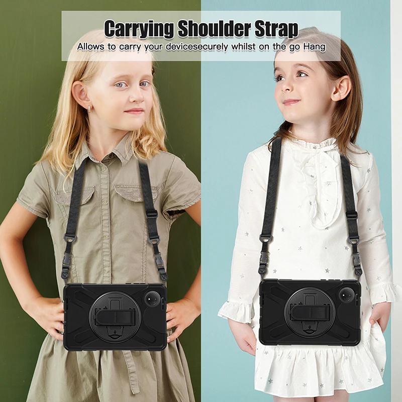 Durable 360° Rotating Tablet Case with Kickstand & Shoulder Strap