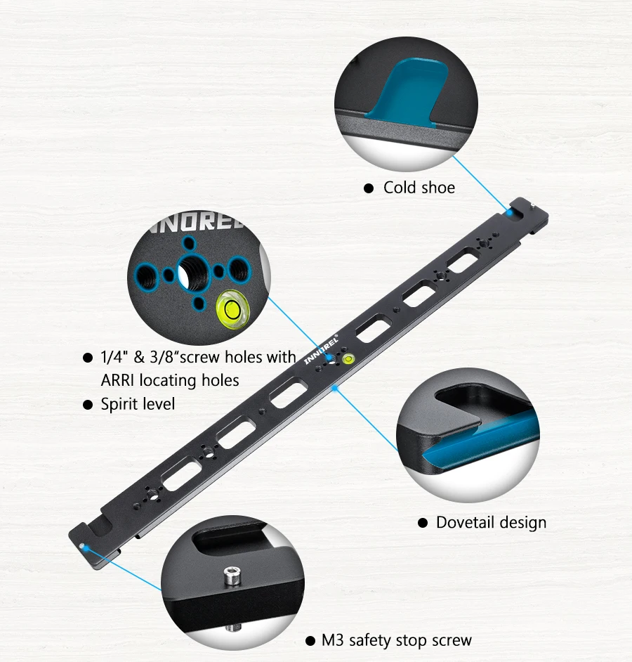 INNOREL RS50 50cm Dual Dovetail Quick Release Verlängerungsschiene Gleitplatte mit Wasserwaage für Kamerastativ-Kugelkopf – Detail 2
