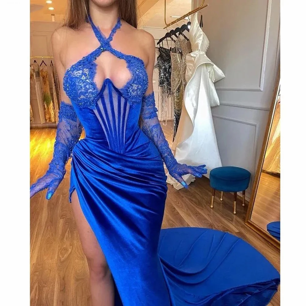 

Msikoods Royal Blue Velvet Evening Dresses Sexy Side Slit Lace Mermaid Prom Party Gowns Arabic Women Special Occasion Dress