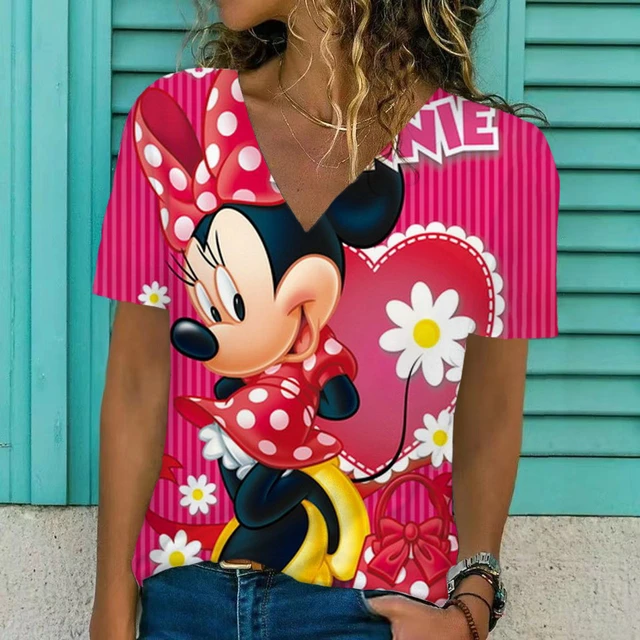 New Women Disney Minnie Mickey Mouse Print T Shirt Street Casual Loose T Shirts Ladies V-neck Leopard Print Tee Top - T-shirts - AliExpress