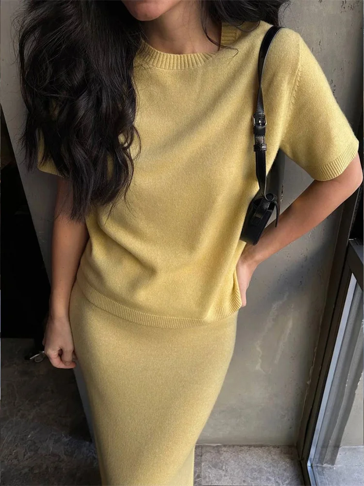 Tossy Knit Fashion Long Skirt Outfits Women's Short Sleeve