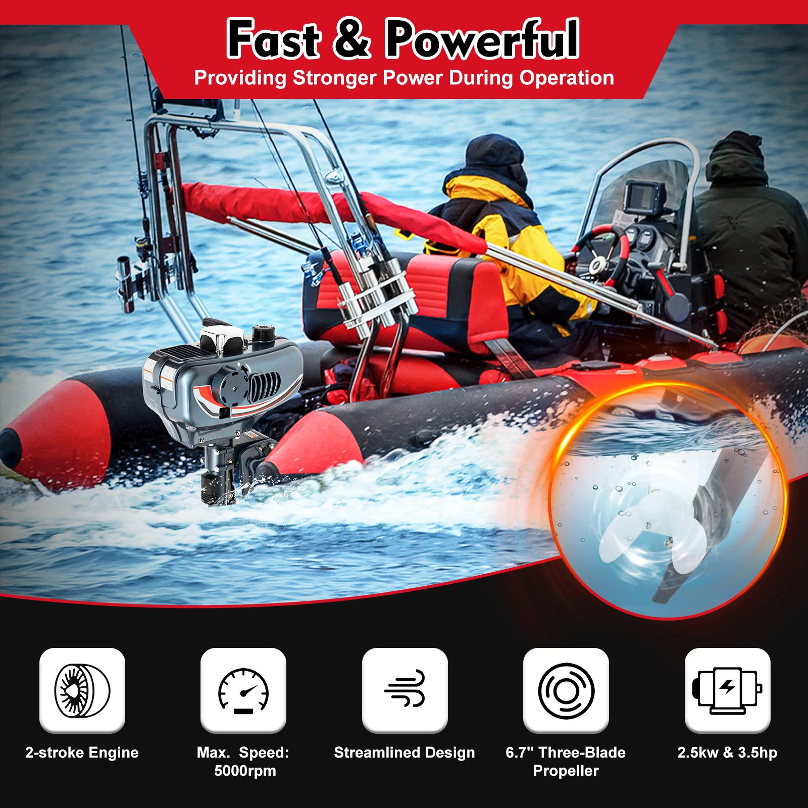 

2-Stroke 3.5HP Gasoline Outboard Engine High Performance Fishing Boat Board Engine Water cooling Fishing Boat Engine US