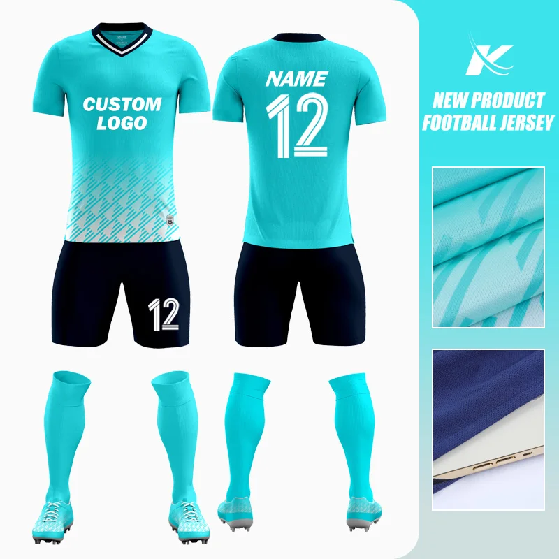 Sky Blue Print Short Sleeve Mens Soccer Uniform Adults Football Culb training wear soccer uniform football full set 8858