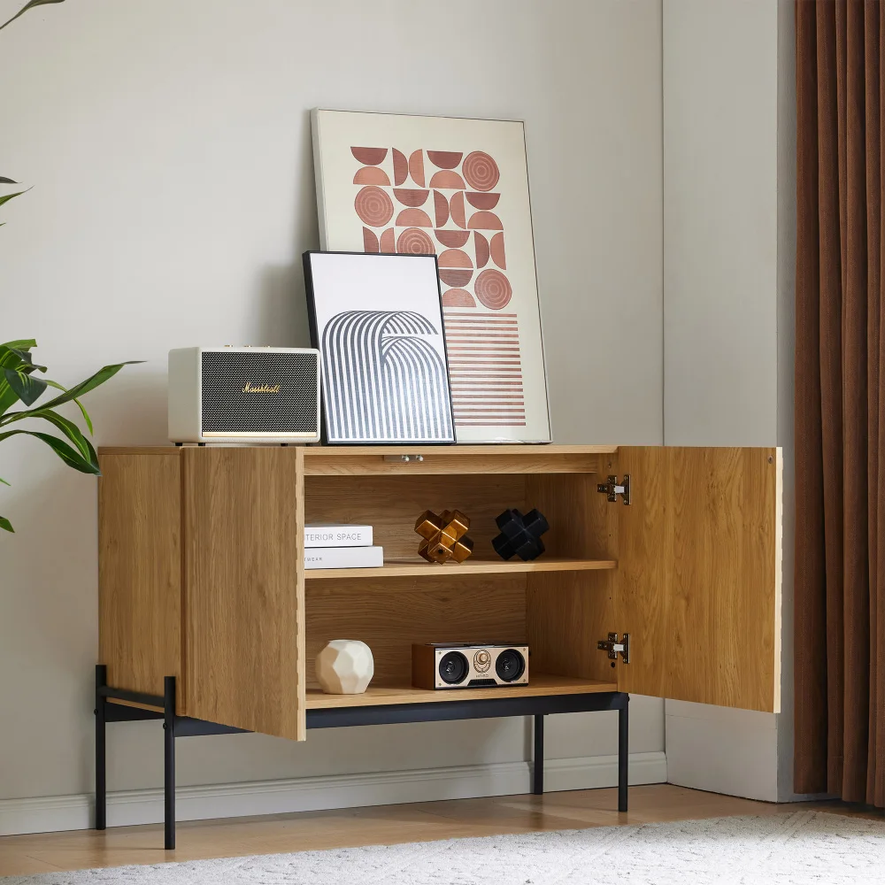 PINGGO Sideboard mit 2 Türen, Metallbeinen, Buffet-Kommode, Liniendesign, Maße H75cm B100cm T40cm, Wohnzimmer-Aufbewahrungsmöbel – Detail 9