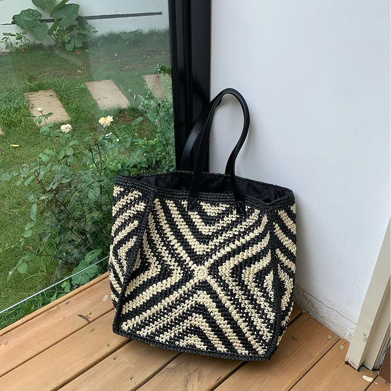 Designer Women Summer Holiday Straw Bag Vintage Summer Bucket Shoulder Bags pu Leather Spliced Beach Bag Casual Totes Handbag