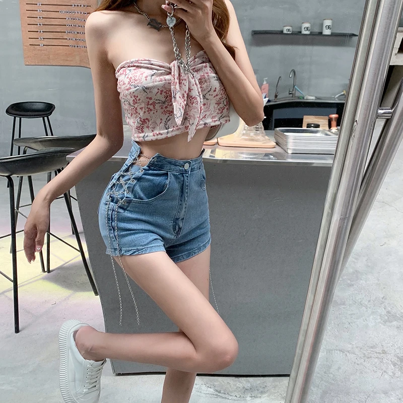 bermuda shorts Women Lace Casual High Waist Straight Jeans Shorts Summer Pockets Slim Female Blue Denim Shorts Ladies High Street Bottoms 2021 jorts