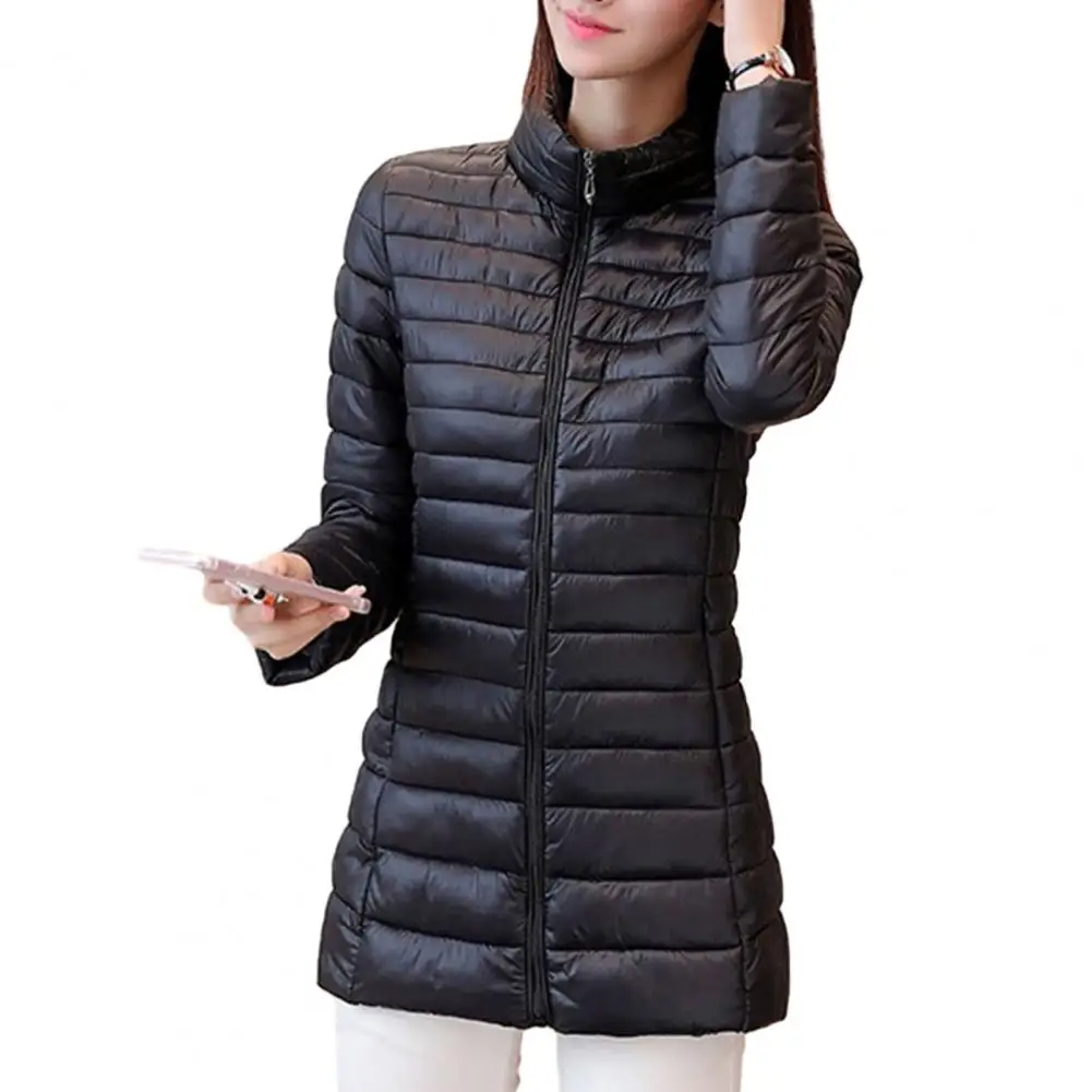 

Women Coat Stylish Women's Winter Down Coat Thickened Padded Stand Collar Windproof Mid Length with Pockets Zipper Closure Lady