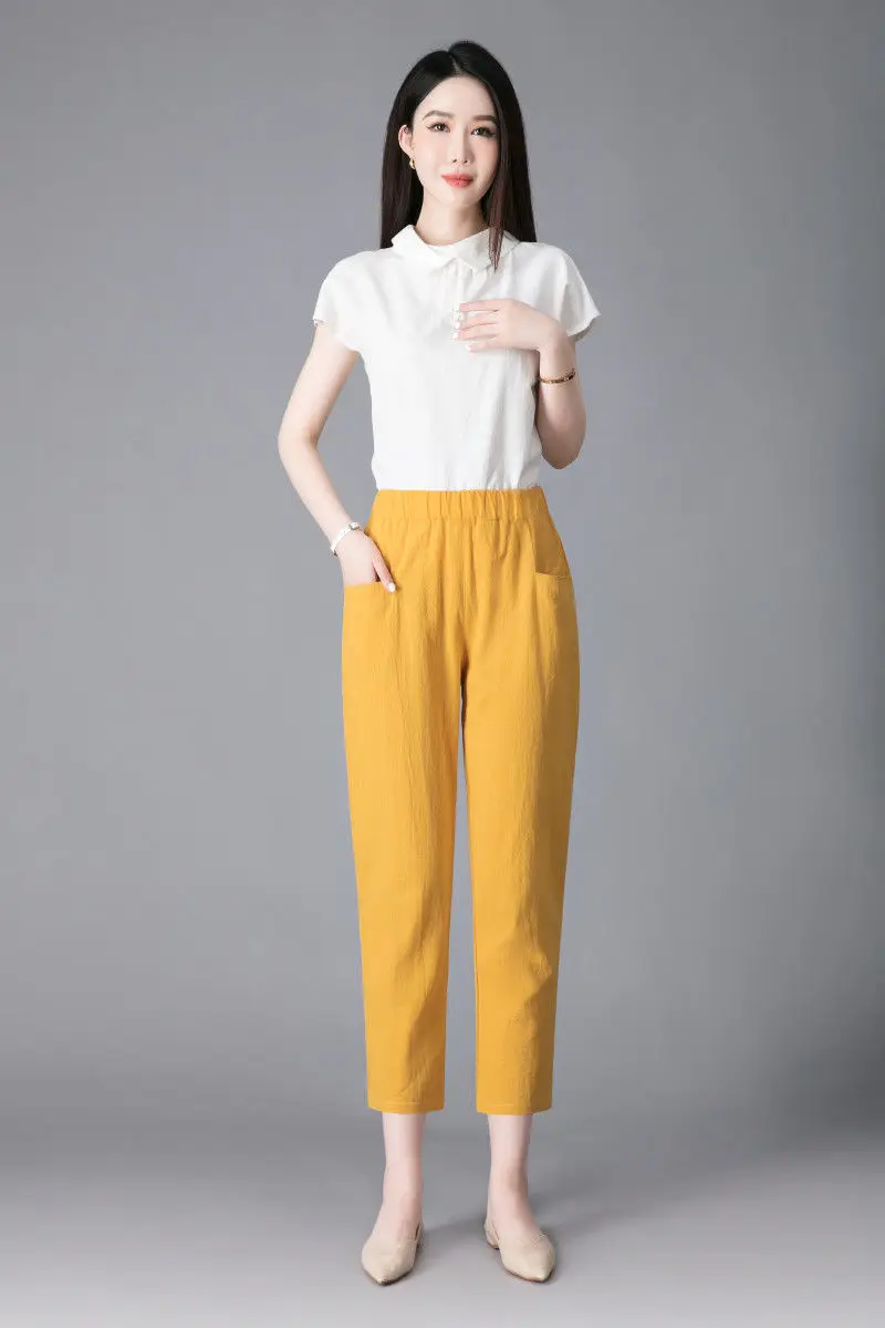 Large Size Korean Casual Thin Cotton Linen Pants Women Spring Summer Elastic Waist Ankle-Length Pants Woman Harem Trousers