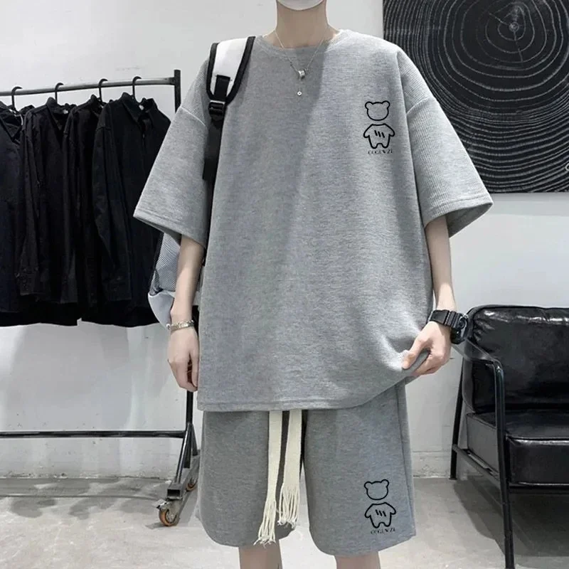 thumbnail image 1 of Nuevo conjunto de verano para hombre con diseño de gofres, camiseta de manga corta y pantalones cortos, conjunto de 2 piezas, ropa deportiva, chándal de moda, conjunto para correr, 1 of 4
