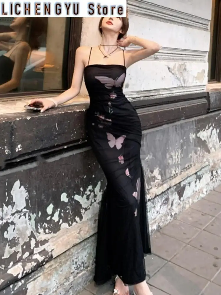

Elegant Sexy Bodycon Mermaid Dress Summer Fashion Mesh Strap Runway Party Robe Women France Vintage Floral Long Vestidos