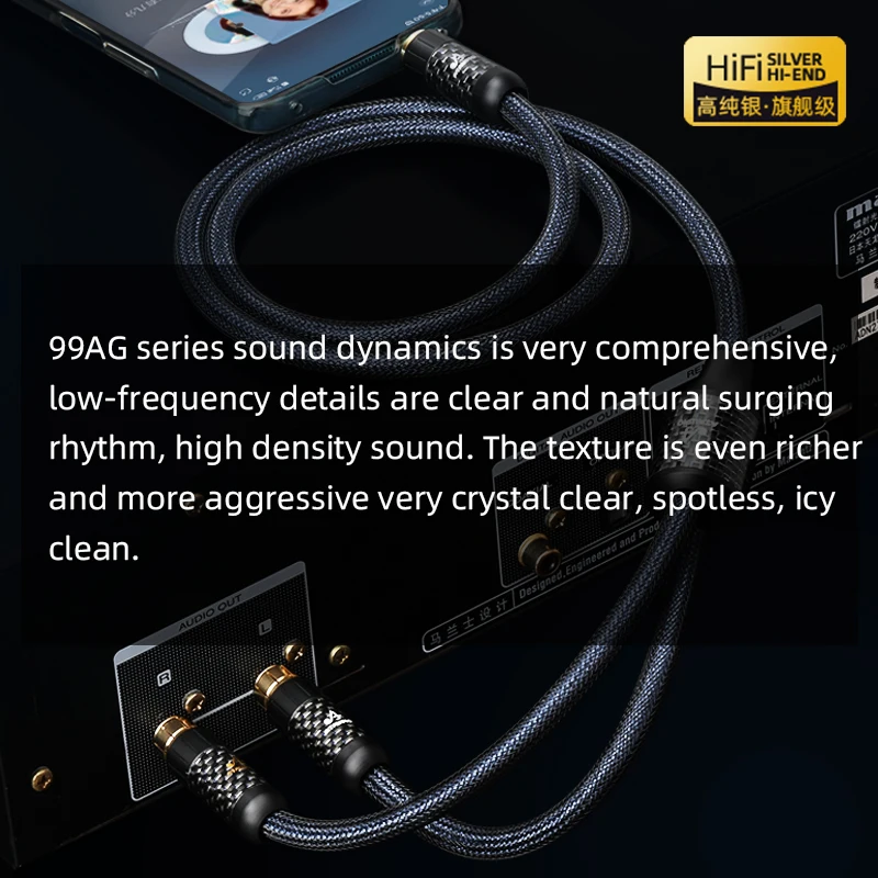 ATAUDIO 순수 실버 HiFi 오디오 케이블, 전화 CD 금도금 스테레오 3.5mm 잭-2RCA 수 HiFi 케이블, 3.5mm-2RCA