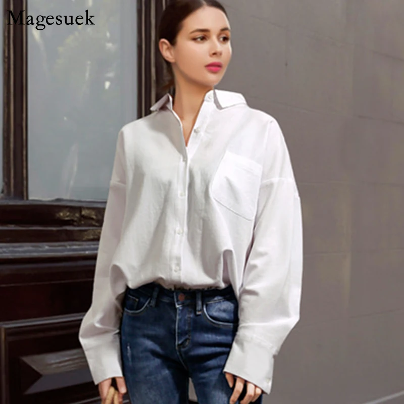 

Женская блузка с отложным воротником, свободная белая рубашка с длинным рукавом, модные повседневные офисные топы, рубашки на пуговицах, блузы 2022, 18787