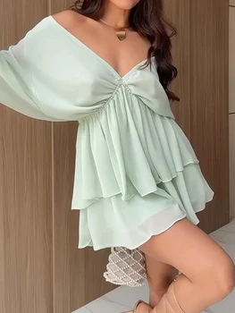 Women Sexy Deep V Neck Hollow Out Mini Dress Spring Solid High Waist Ruffles A-Line Dress Casual Long Sleeve Pleated Party Dress 1