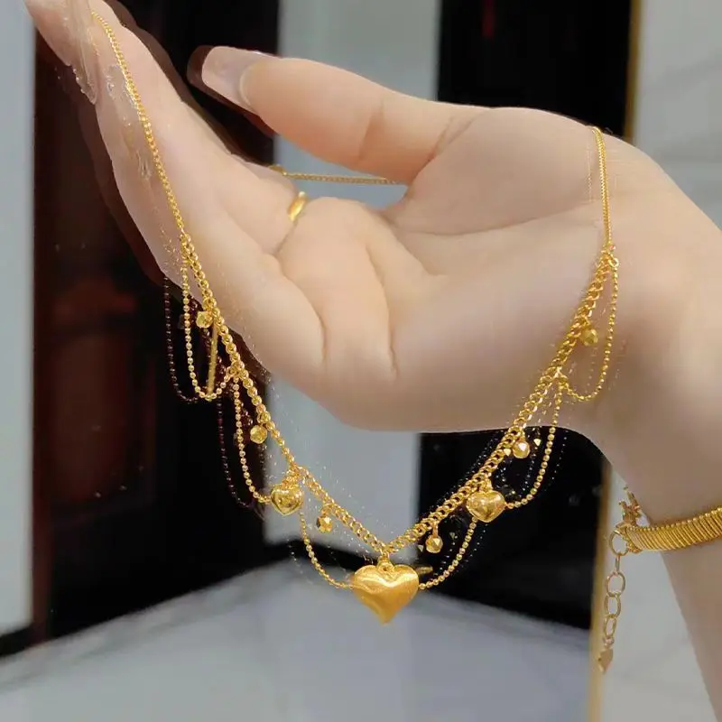 9999 24K Real Gold Tassel Lace Heart Necklace for Women Heart Integrated Collarbone Necklace