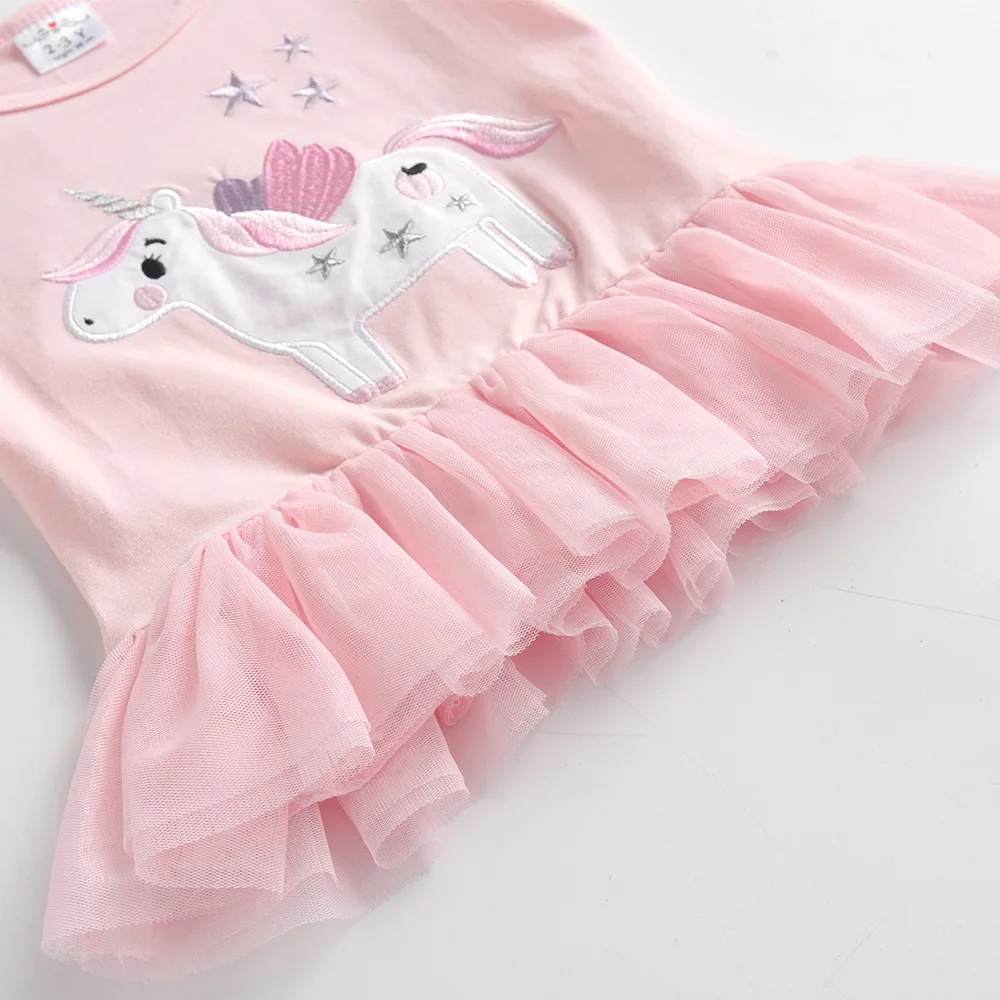 DXTON Children Unicorn Cartoon Embroidery T Shirt Kids Summer Short Shirt Girls Cotton Casual Ruffles T Shirt Children Costumes