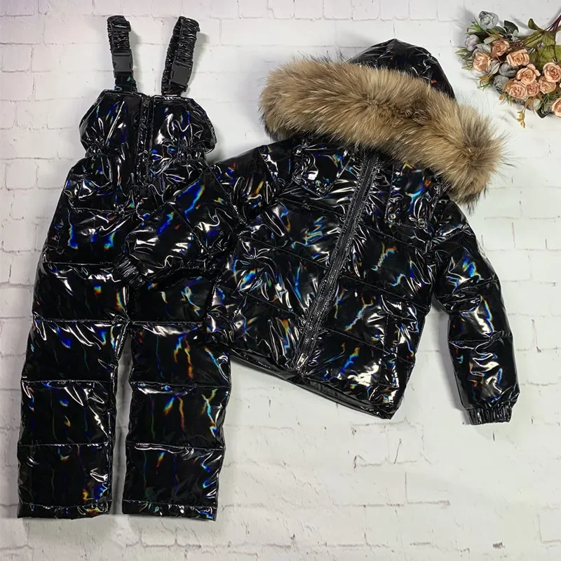 

2023 New Shiny Black Boy Child Down Jacket Real Raccoon Fur Girls Winter Romper Children Clothes for Winter