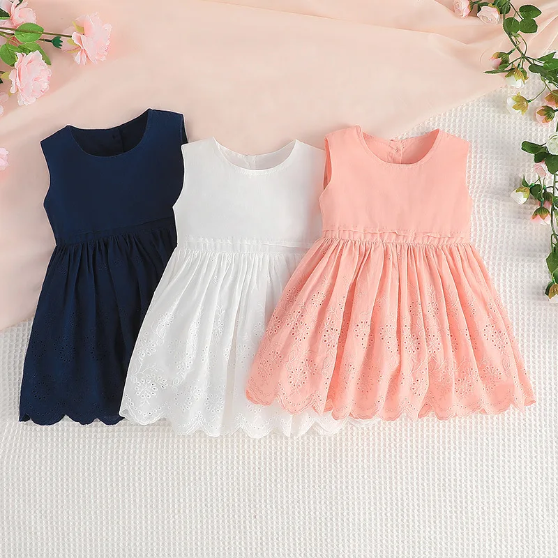 

Summer 2023 New Arrivals Girls Sleeveless O Neck White Color Solid Simplicity Infantil Menina Cute Party Dress Custume 0-2T