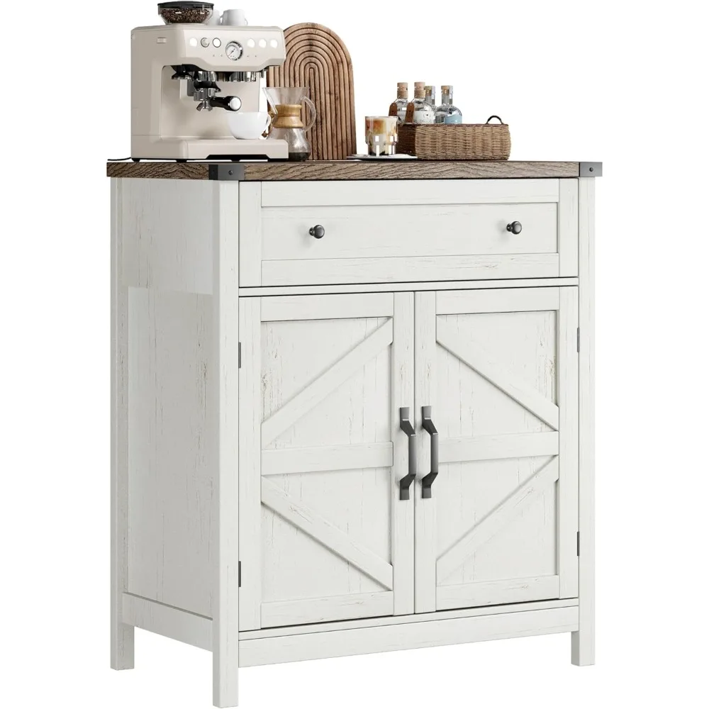 Farmhouse Kitchen Storage Cabinet with Drawer, White Coffee Bar Sideboard for Living Room
