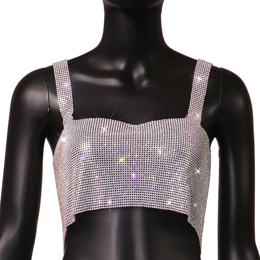 Camiseta sin mangas de malla metálica con diamantes de imitación para mujer, top corto con cadena hueca en la espalda, chaleco sexy para fiesta en la playa