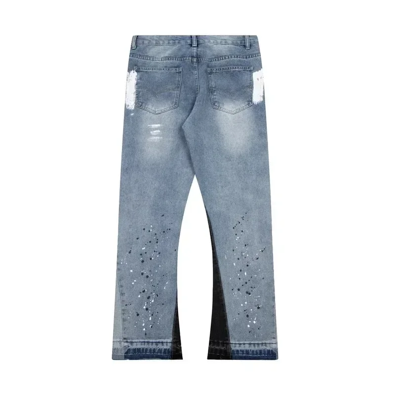 High Street Splashed Ink Ripped Patchwork Jeans for Men and Women Trendy American Straight Slim Micro-flared Trousers ripped jeans ripped patchwork jeans women denim pants