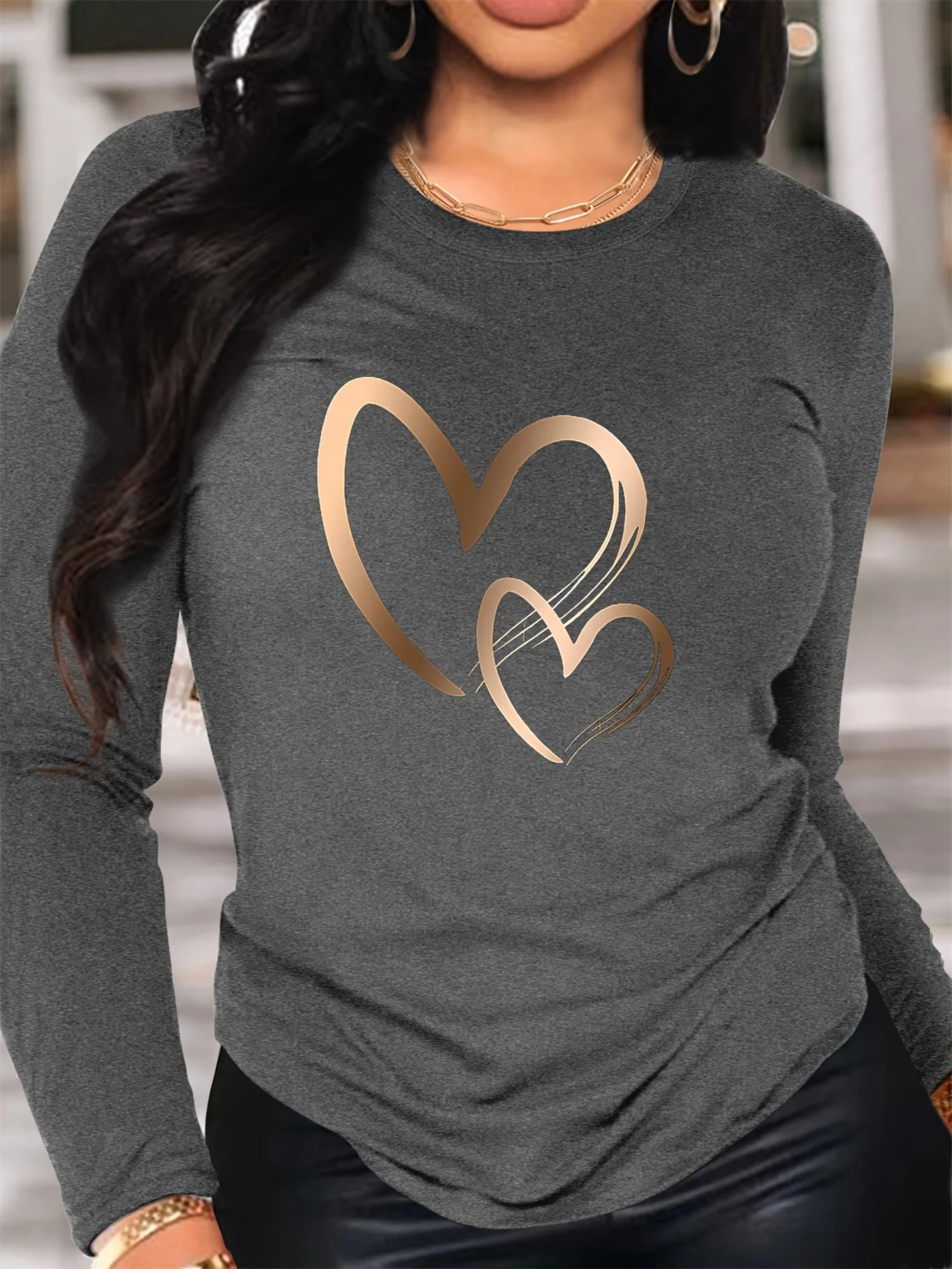 Spring and Autumn Women's 100% Cotton Fashion Casual Loose Heart Pattern Printed Long Sleeve Round Neck T-shirt 2