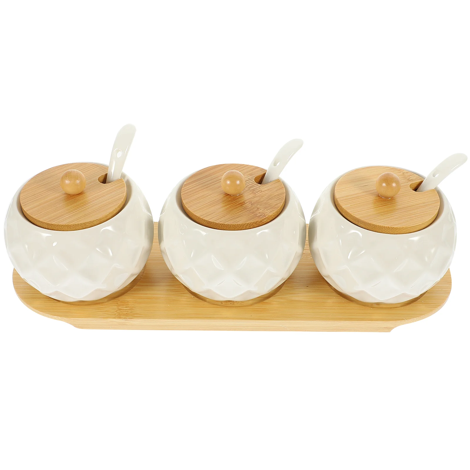 

Set of 3 Kitchen Ceramic Spice Jars with Bamboo Lids Salt Shaker Spices Dispenser Ceramics Seasoning Container