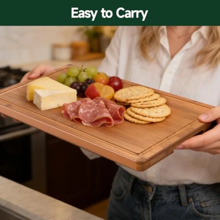 Kitchen bamboo cutting board - crack-resistant natural wood with deep juice grooves, pre-oiled butcher block in warm brown for 5