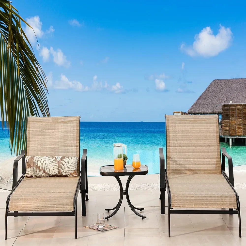 

Outdoor Patio Adjustable Metal Chaise Lounge Chair Recliner Set of 2 With 1 Glass Top Bistro Table Beige Freight Free Armchair