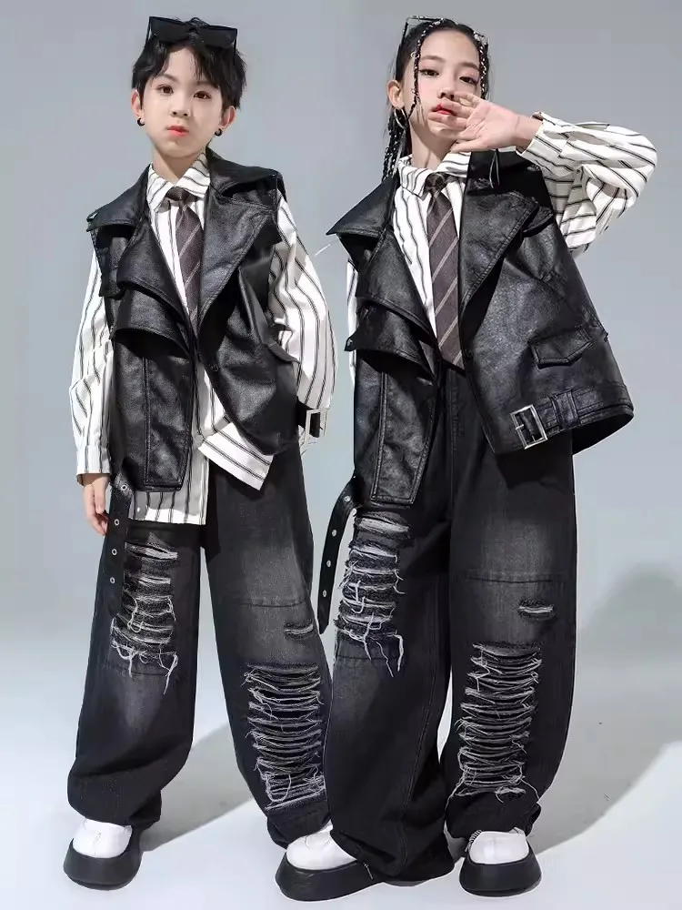 

Boys Hip Hop Dance Clothes Black Leather Vest Hole Denim Pants Girls Jazz Dance Performance Costume Drum Breaking Suit BL11852