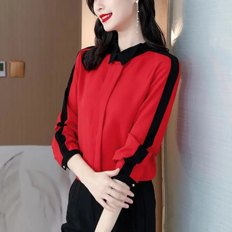 

Женская Офисная рубашка контрастных цветов в стиле пэчворк, женская блузка с отложным воротником и длинным рукавом, яркая декоративная линия, весна-осень