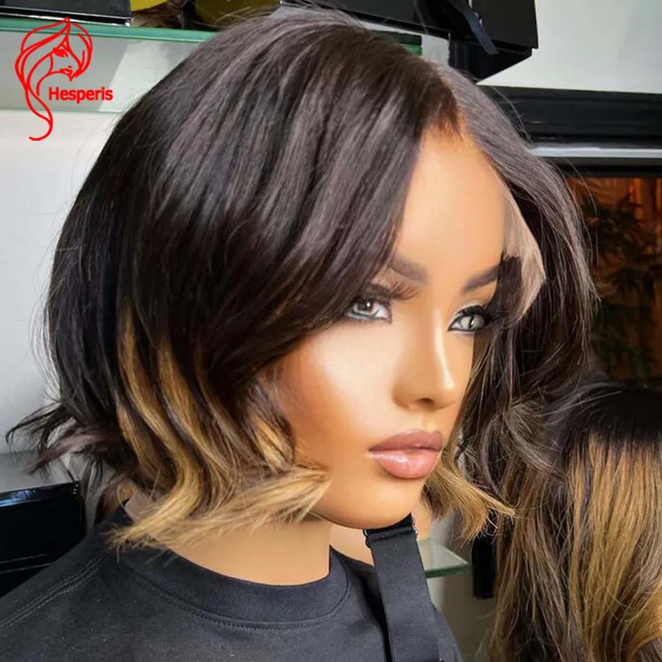 

Hesperis Short Wave Bob Wig Human Hair Brazilian Remy Transparent Lace Front Human Hair Wigs Blonde Highlight Bob Wig For Women