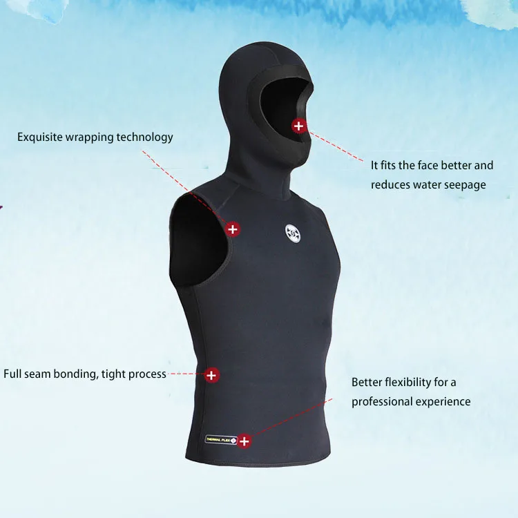 Description Picture 3 of itemNew Men's Diving Vest with Hood Sleeveless Neoprene Waterproof Surfing Diving Snorkeling Suit Spearfishing Vest 3mm
