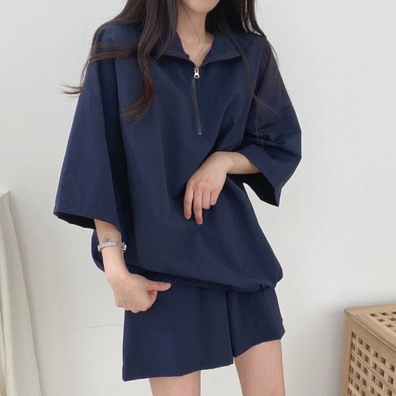 Solid Women\'s Sports Suit Turn-Down Collar Half Sleeve Tops And High Waist Shorts Two Piece Set New Female Summer Outfit