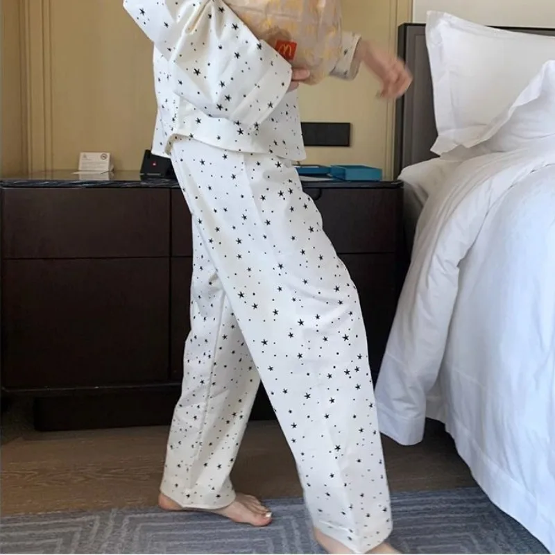 2024 New Minimalist Star Loungewear Long Sleeved Pajamas Female Autumn Students Sleepwear V-neck Loose Comfortable Homewear Set