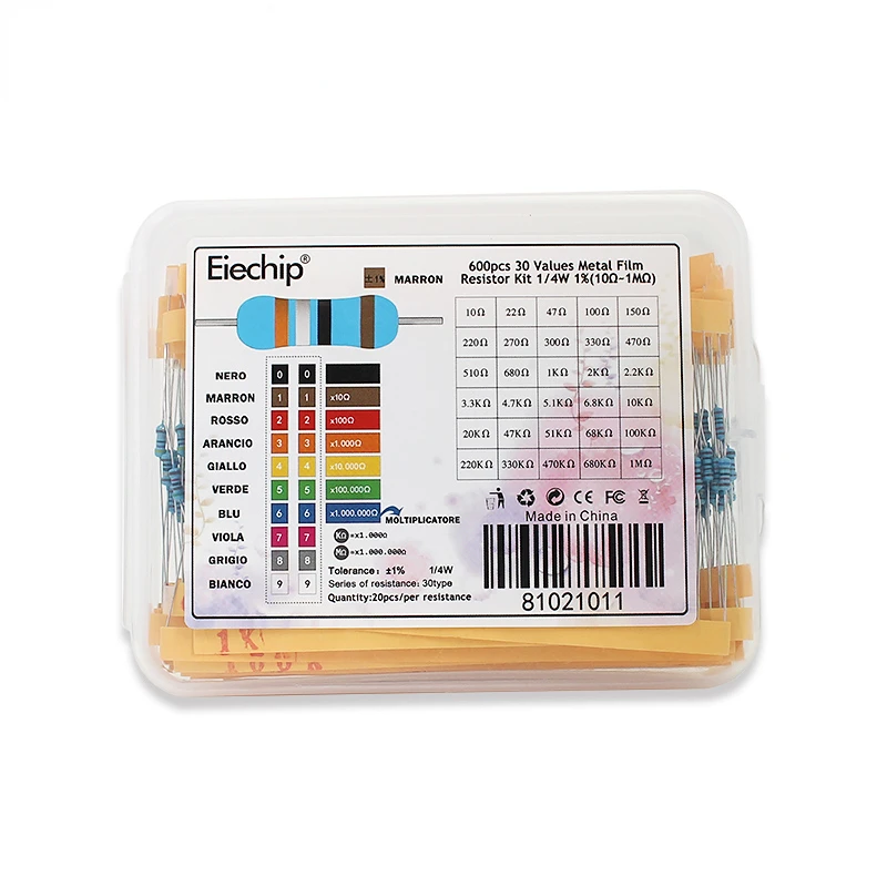 600/300Pcs/box Resistor Assorted Kit 1/4w Metal Film 30 Values Resistance Set Pack 10 Ohm-1m Ohm 1% 0.25w Set Of Resistors metal film resistor metal film resistors