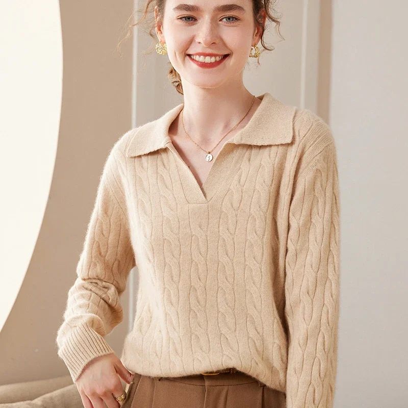 

Горячая Распродажа 2023 женский 100% чистый кашемировый свитер вязаный джемпер с воротником поло осень-зима новый СВОБОДНЫЙ Модный утепленный пуловер