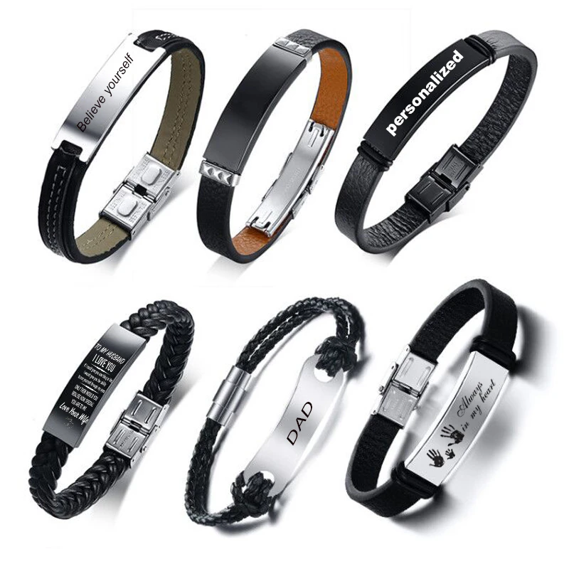 Engraved Black ID Tag Genuine Leather Bracelet Personalized Name Date Wristbands For Men Dad DIY Adjustable Length
