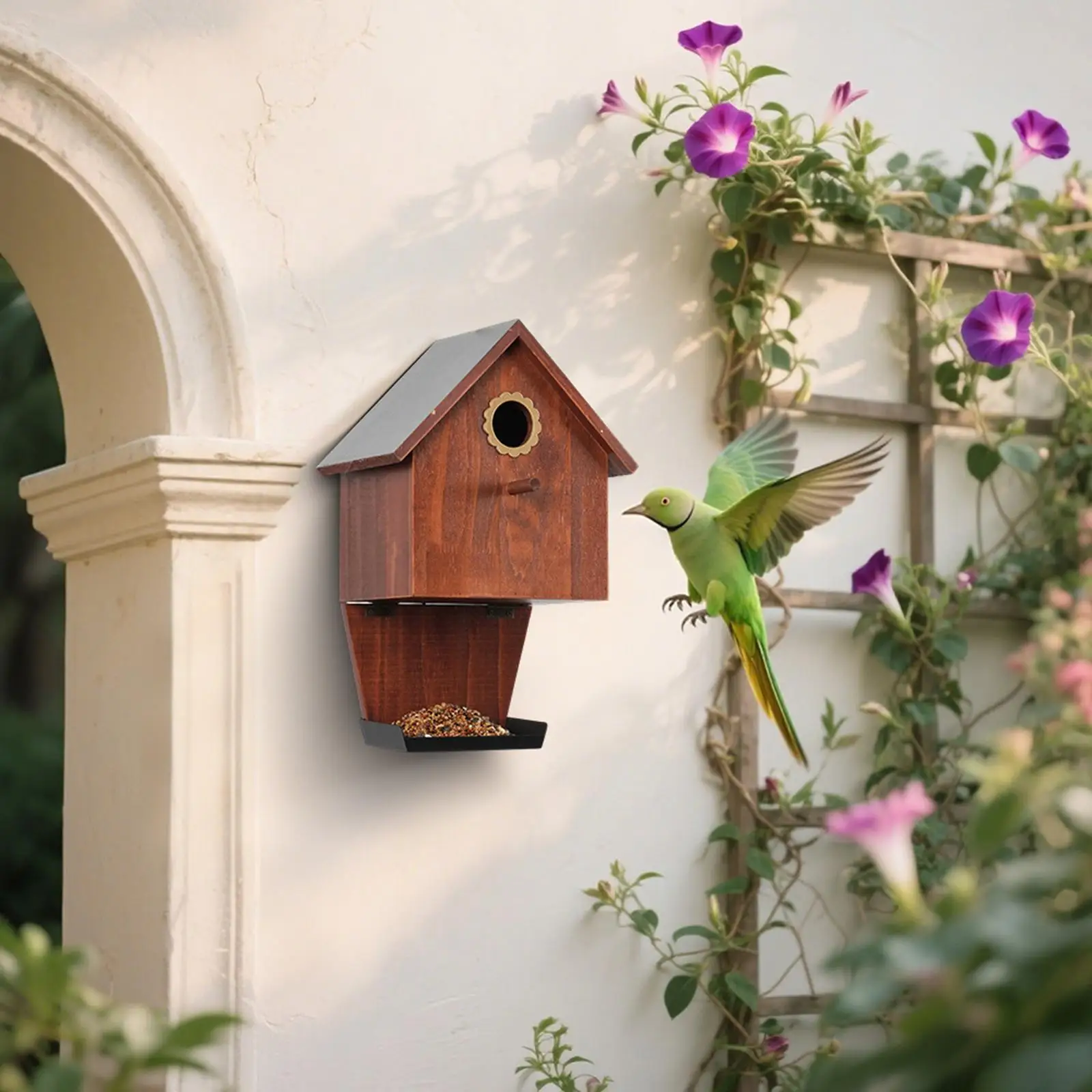 Wooden Bird House with Feeder Creative Ornament Sturdy Weatherproof Hanging for Country Farmhouse Outdoor Backyard Finches