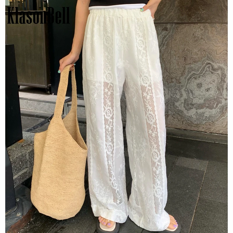 

5.24 KlasonBell Summer New Fashion Embroidery Lace Mesh Breathable Casual Trousers Elastic High Waist Loose Wide Leg Pants