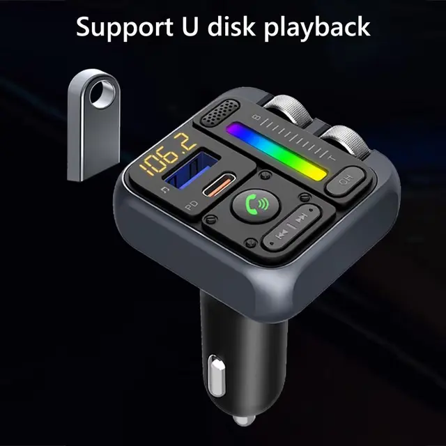 5V/2.4A Bluetooth 5.3 FM Transmitter Colorful Atmosphere Light Digital Display Car MP3 Music Player Support USB Flash Drive 5